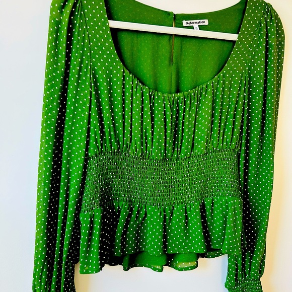 Reformation Hearth Long Sleeve Top Size 6 Peat (Green Polka Dot) - Picture 14 of 15